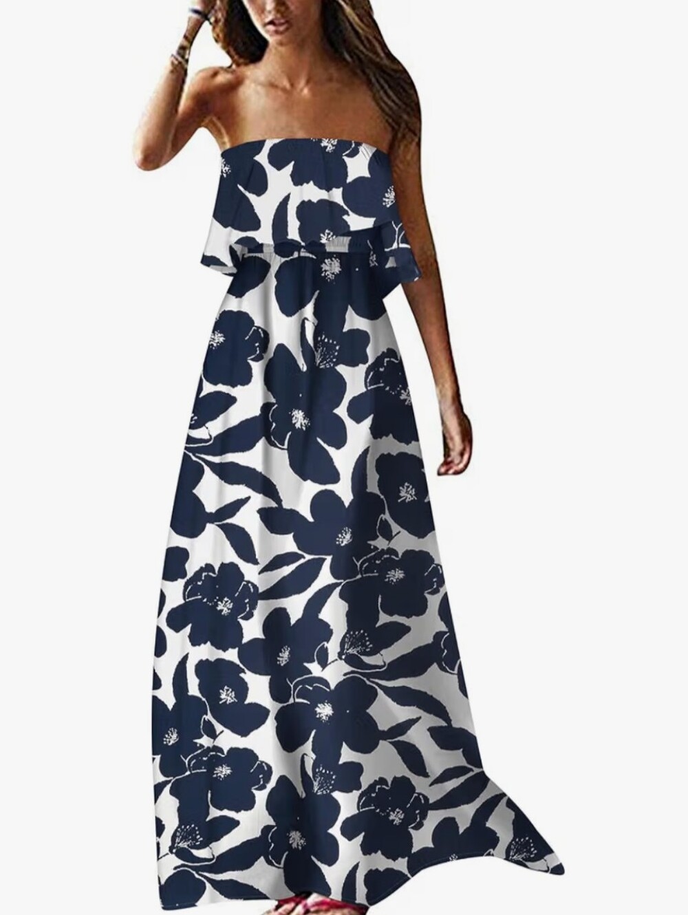 NWT Womens Off Shoulder Maxi Dress Strapless Navy Flower Long Dress From Amazon